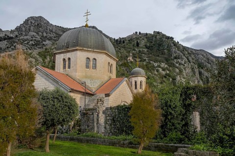 Serbian Orthodox Church of St Nicholas, seen from the city wall, Kotor, Montenegro, Balkans, Europe