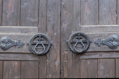 Detail of monastery gate with metal fittings, Gracanica Monastery, Gracanica, Amselfeld, Kosovo,