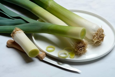 Leek, leek sticks on plate with knife, leek