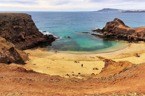 Bay with sandy beach, cliffs, Playas de Papagayo, Monumento Natural de Los Ajaches nature park
