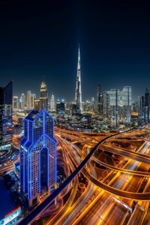 Dubai skyline at night, Burj Khalifa tallest building in the world, United Arab Emirates, Asia