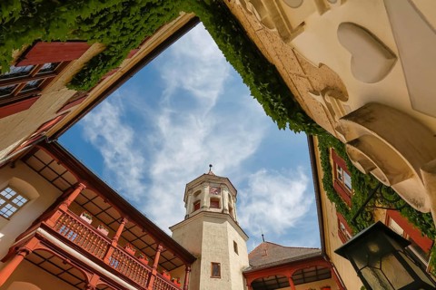 Brenz Castle, Renaissance castle from the 17th century, tower, clock, inner courtyard, wooden