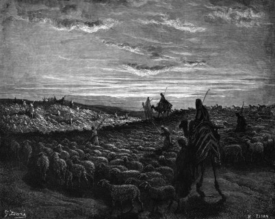 Bible, Abraham goes to Canaan, 1st book of Moses, herd of sheep, camels, rider, shepherd, guardian,