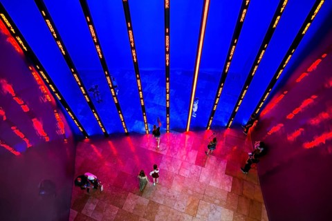 Guggenheim Museum, architect Frank Gehry, interior view, artist Jenny Holzer, Bilbao, Basque