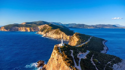 Aerial view of the Lighthouse or Cabo Ducato Lefkas in the southern area of the island of Lefkada.