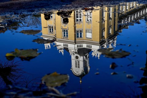 Karlsruhe Castle reflected in a puddle in autumn, Karlsruhe, Baden-Württemberg, Germany, Europe