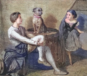 One asks Toby, boy and girl playing quiz with their little dog, 1869, France, Historic, digitally