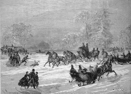 Sleigh Rides in Bois de Boulogne, Horse-drawn Sleighs and Skaters on the Frozen River, 1869,