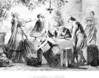 Israelites' supper, supper, group, sit, priest, table, stool, dine, outside, oil lamp, baskets,