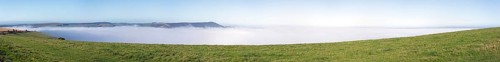 High fog over valley of River Adur, Shoreham by Sea, panoramic view, Photomerge, South Downs, West