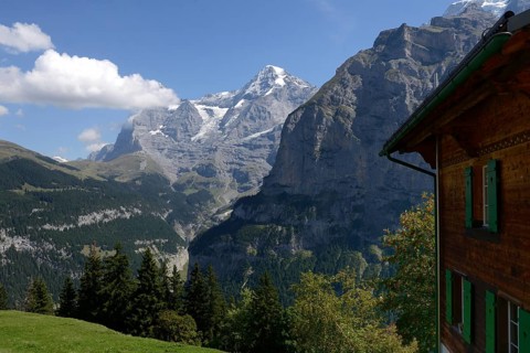 Eiger and Mönch, view of the mountains from Mürren, Jungfrau region, Bernese Oberland, Canton Bern,