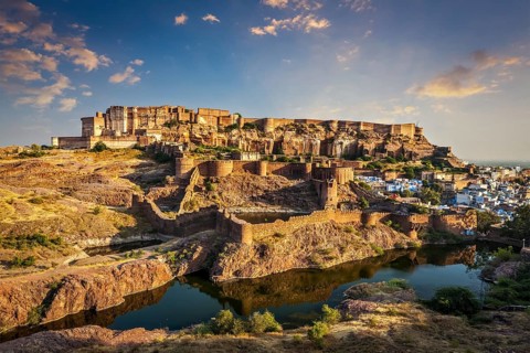 Mehrangarh Fort and Padamsar Talab and Ranisar Talab lakes on sunset, Jodhpur, Rajasthan, India,
