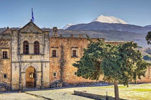 HDR, main entrance, national flag, forecourt, tree, Ida massif, Psiloritis, snow-capped mountain,