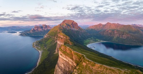 View from Finnesfjellet mountain to mountains and coast, evening mood, Finnes, Helgeland coast,