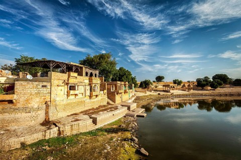 Indian tourist landmark Gadi Sagar, artificial lake. Jaisalmer, Rajasthan, India, Asia