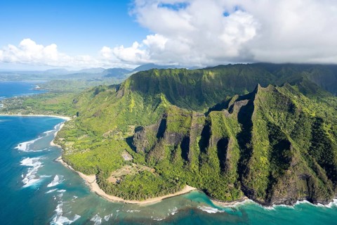 Aerial view Ke'e Beach, Haena Beach, Tunnels Beach, Kepuhi Beach, Kauai, Hawaii, USA, North America