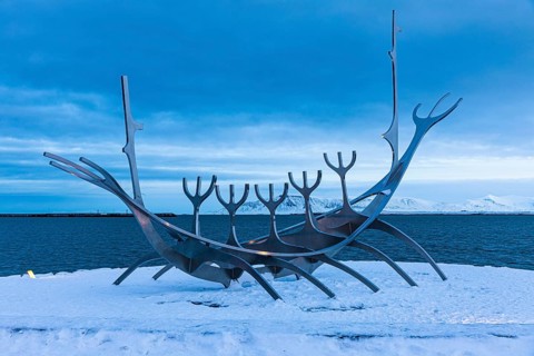 Viking Ship Sculpture at Dawn, Sun Voyager, Reykjavik, Reykjanes Peninsula, Sudurnes, Iceland,