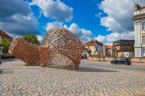 Art project from the series, Wooden Cloud by Martin Steinert in Ansbach, Bavaria, Germany, Europe
