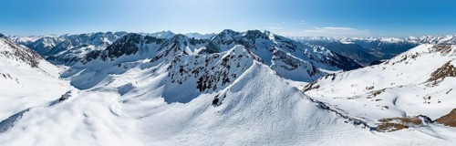 Alpine panorama, Mitterzeigerkogel, aerial view, peaks and mountains in winter, Sellraintal,