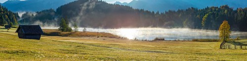 Sunrise and morning fog, Geroldsee, Klais near Mittenwald, Werdenfelser Land, Upper Bavaria,