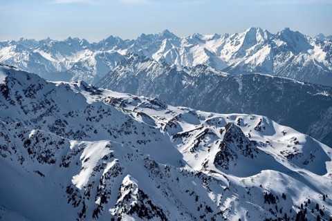 Peaks and mountains in winter, Sellraintal, Stubai Alps, Kühtai, Tyrol, Austria, Europe