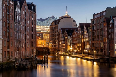 Nikolaifleet with Elbe Philharmonic Hall at the blue hour, Hamburg, Germany, Europe