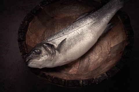 Fresh, raw sea bass fish, in a wooden plate, top view, no people