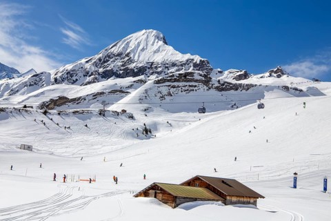 26 March 2024: Skiing against the backdrop of the Bernese Alps in Grindelwald, Switzerland. The