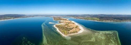 Aerial view, panorama of the Mettnau peninsula at low tide with shallows, danger to shipping