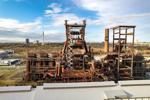 Industrial ruins of the Phönix West blast furnace works in Dortmund seen from the air, North