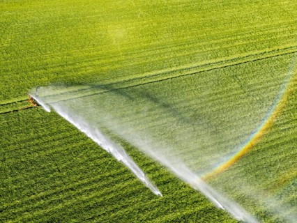 Artificial irrigation of a cereal field in April, with a sprinkler system, long dry spell in spring