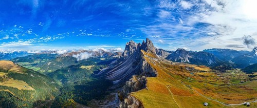 The peaks Sas Rigais and Furchetta of the Geisler group, wide-angle panoramic photo, drone photo,