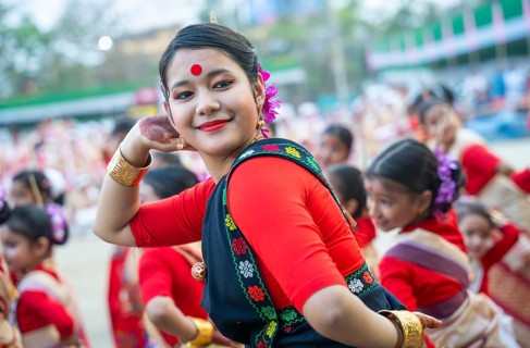Participants with an instructor dance on the final day of a Bihu dance workshop ahead of Rongali
