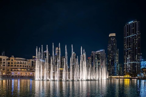 Fountain Dubai Fountain, water show at night, Dubai, United Arab Emirates, Asia