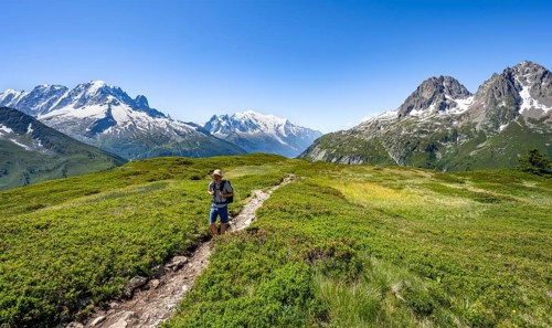 Mountaineer on hiking trail in front of mountain panorama with glaciated mountain peaks, Aiguille
