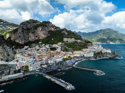 Amalfi from a drone, Salerno, Campania, Italy, Europe