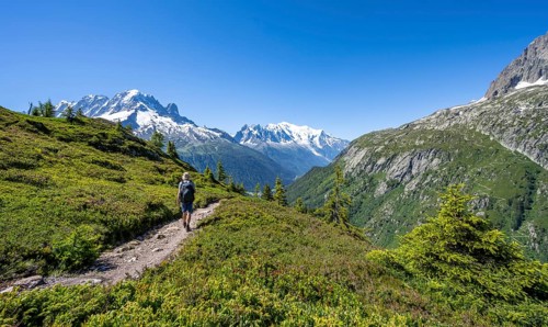 Mountaineer on hiking trail, mountain panorama with glaciated mountain peaks, Aiguille Verte with