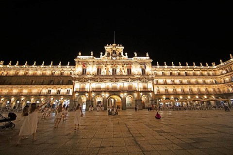 Illuminated town hall at Plaza Mayor at night, Salamanca, province of Salamanca, Castile and Leon,