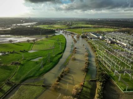 Wesel, North Rhine-Westphalia, Germany, flood on the Lippe, river in the Ruhr area, right Amprion