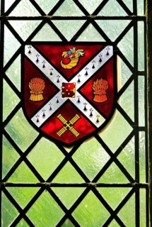 Stained glass heraldry picture, Ely cathedral, Cambridgeshire, England, UK