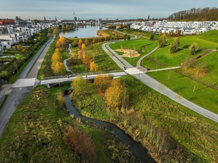 Dortmund, North Rhine-Westphalia, Germany, Phoenix Lake, front of the renaturalised Emscher. The