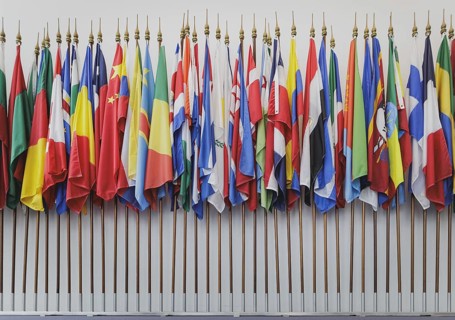 Flags in front of the courtroom at the International Tribunal for the Law of the Sea during the