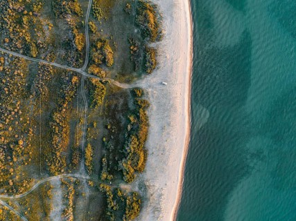 Top-down, aerial view, landscape at Lake Issyk Kul, Kyrgyzstan, Asia
