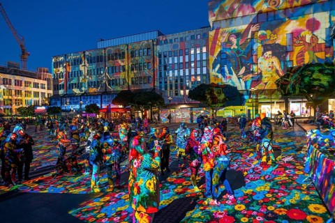 Essen Light Festival, in the city centre, light art on Kennedyplatz, the Berlin artist Daniel