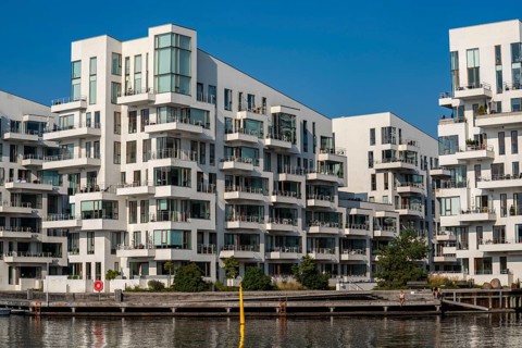 Residential buildings, apartment buildings, condominiums, at the harbour, Havneholmen, near