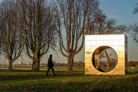 Rheinpark Neuss, cube structure as a recreation area, built as part of Euroga 2002plus, view of the