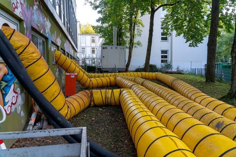 Water damage restoration, dehumidification, after flooding of a building, vacuum drying, indoor