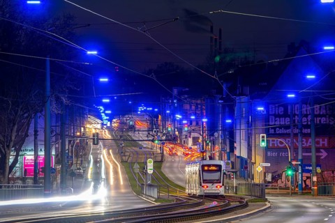 The Blue Ribbon, a light installation along Kurt-Schumacher-Straße, in Gelsenkirchen Schalke, 2.7
