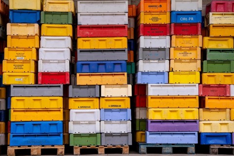 The town harbour of Sassnitz, island of Rügen, boxes of fish waiting for the new catch, at the