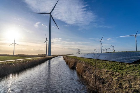 Solar park on the Slaperdijk dyke near the Eemshaven, test project, 17, 000 solar modules were